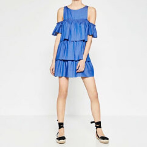 Zara Dresses & Skirts - Zara Tiered Ruffle Cold Shoulder Dress Size M